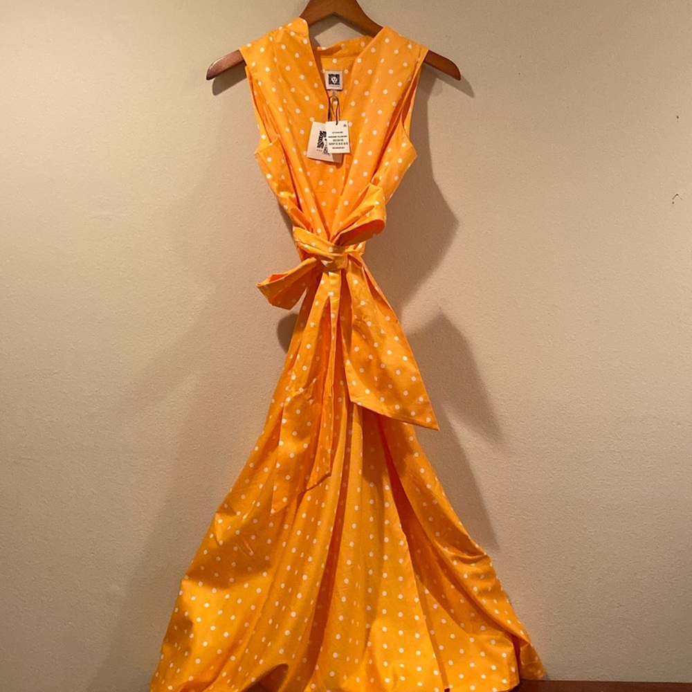 Womens XS Sleeveless Mondrian Yellow MIDI Polka-Dot Dress